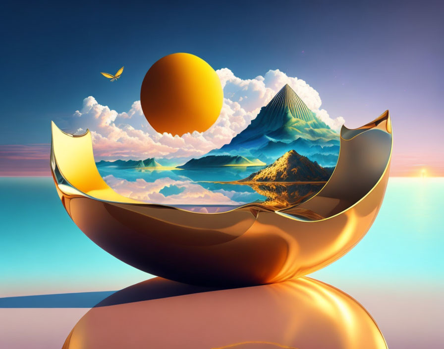 Surreal landscape: floating golden sphere split, revealing mountain view at twilight