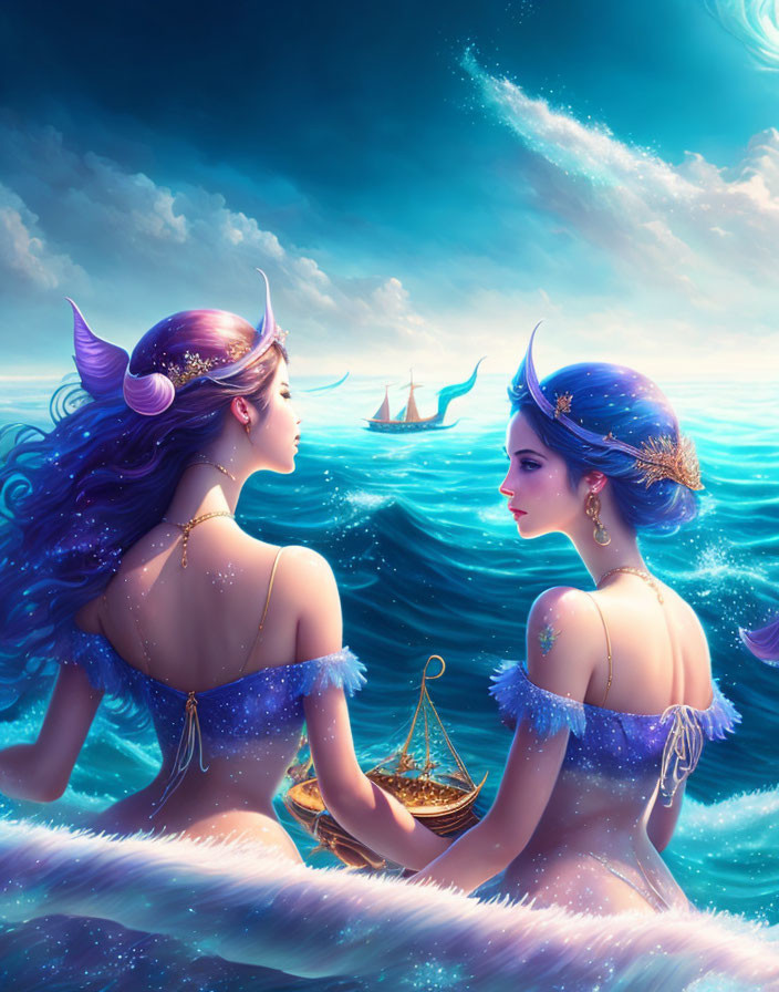 Mermaids with Elaborate Tails Sitting on Rock in Ocean