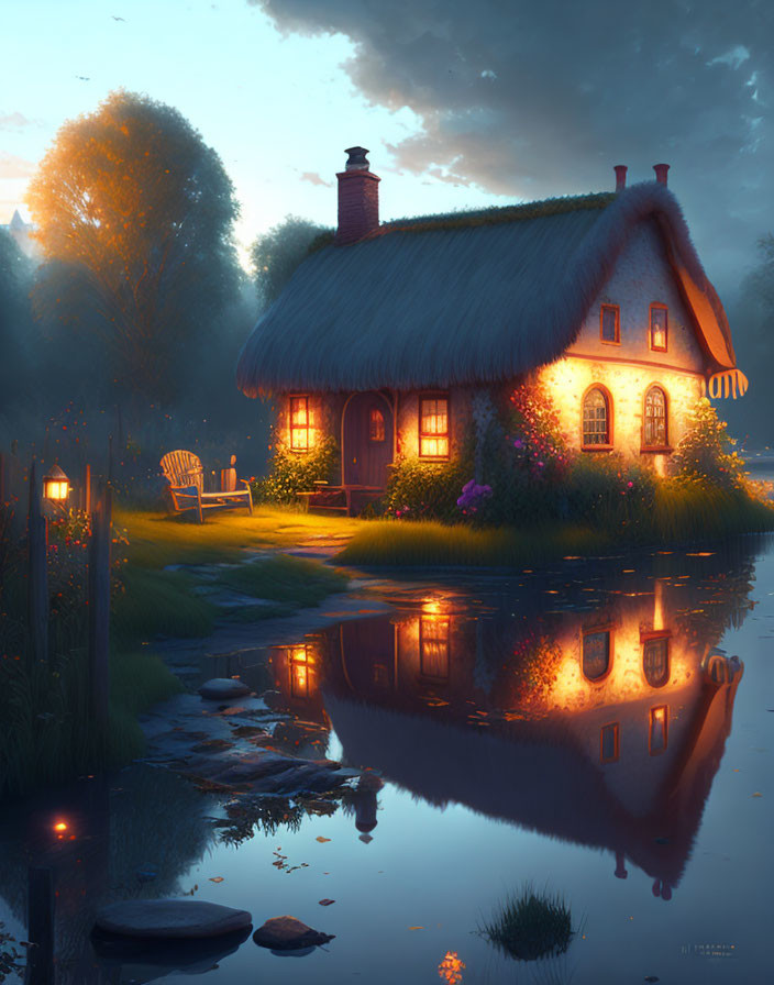 Thatched Cottage Reflecting in Pond at Twilight