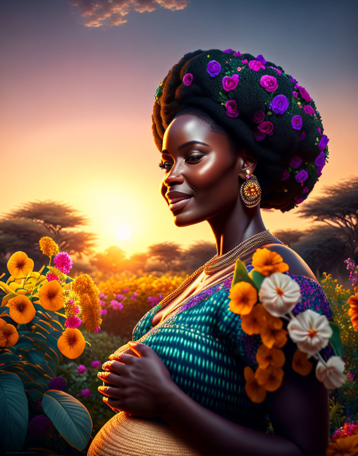 Floral-adorned woman in sunset garden portrait.