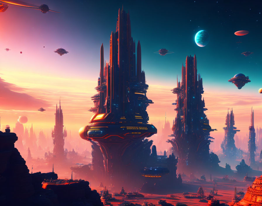 Futuristic sci-fi landscape with towering structures and floating islands