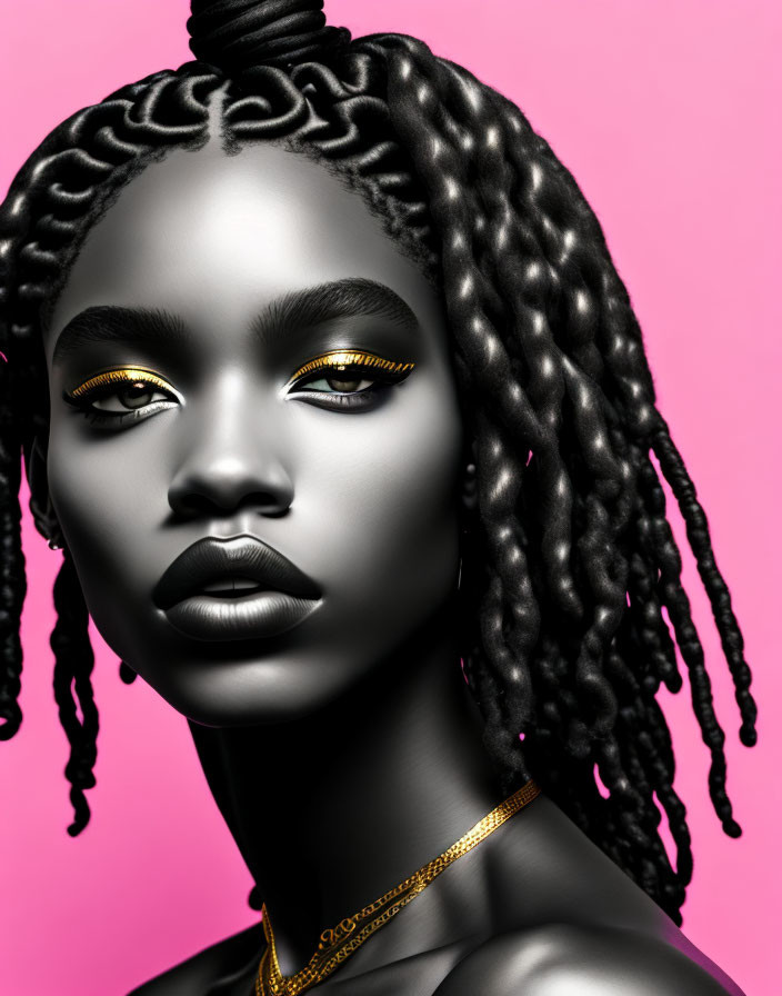 Portrait of woman with dark skin and twisted braids, golden eye makeup on pink background