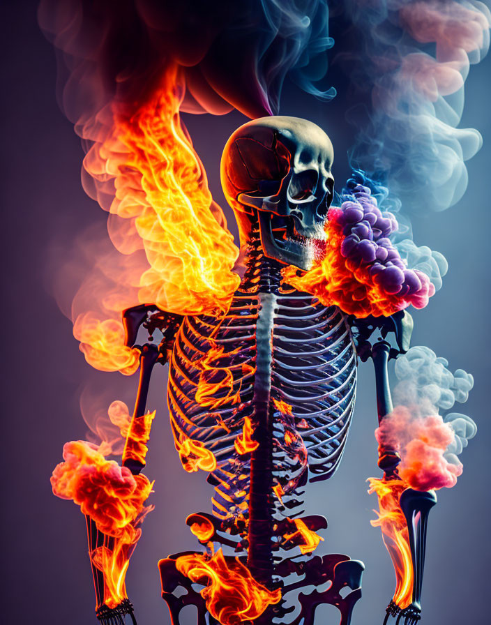 Vivid flames and colorful smoke around human skeleton