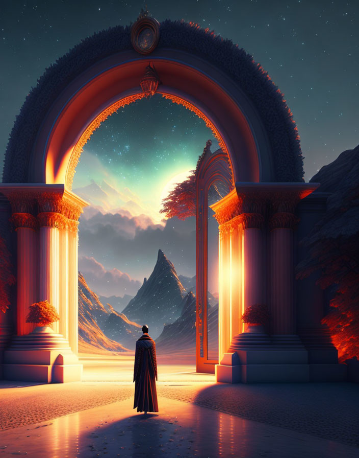 Cloaked Figure at Illuminated Arch Gateway in Twilight