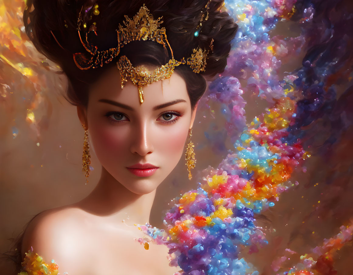 Digital portrait of woman with ornate crown and colorful nebula background