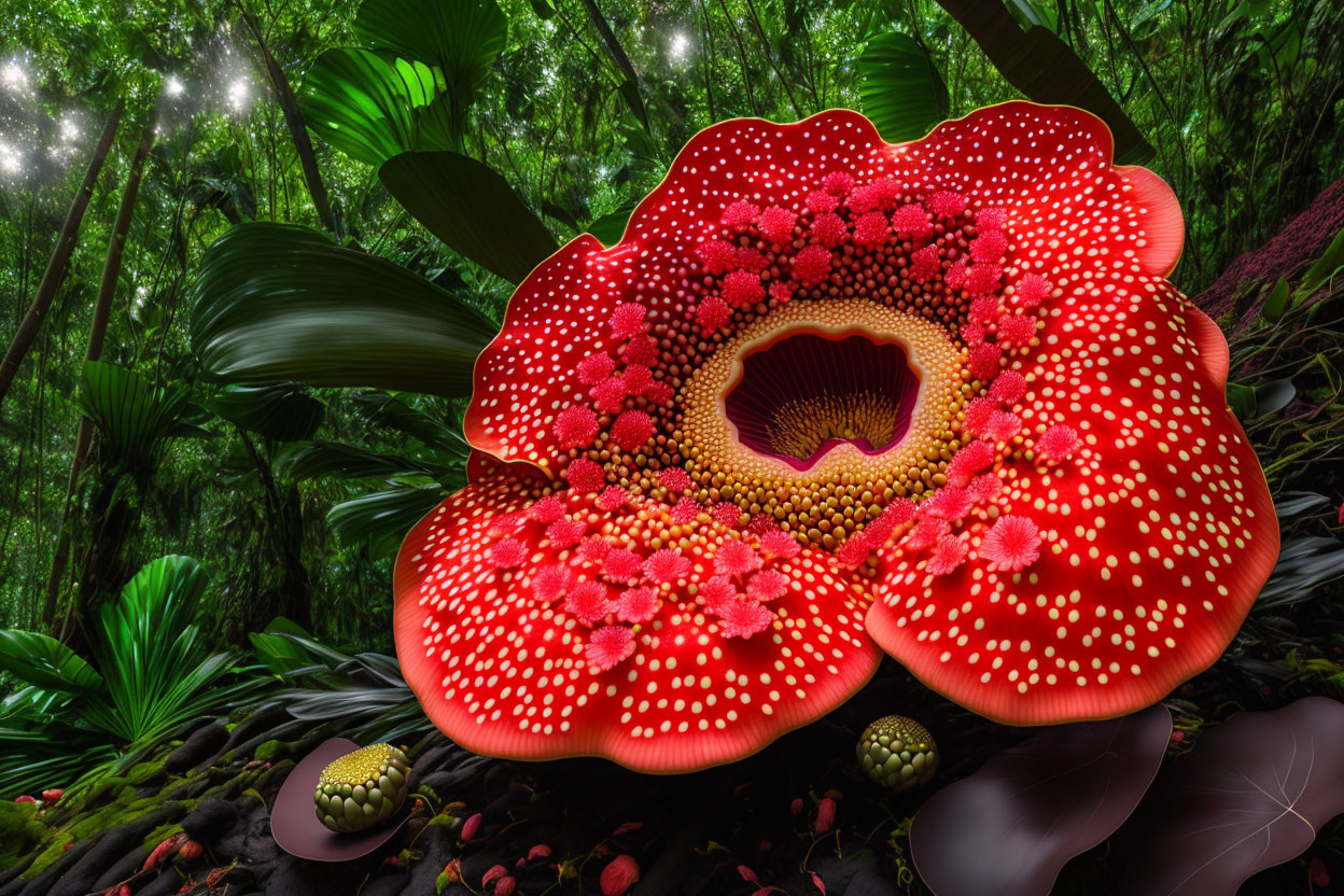 Oversized red flower with yellow speckles in lush green forest