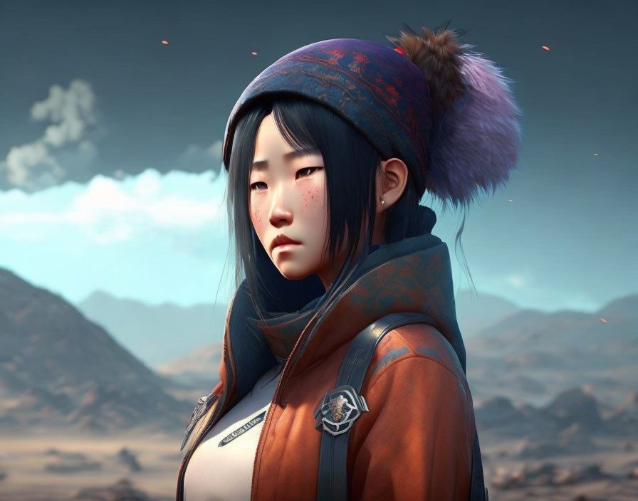 Digital artwork: Young Asian woman in blue winter hat against mountainous desert backdrop