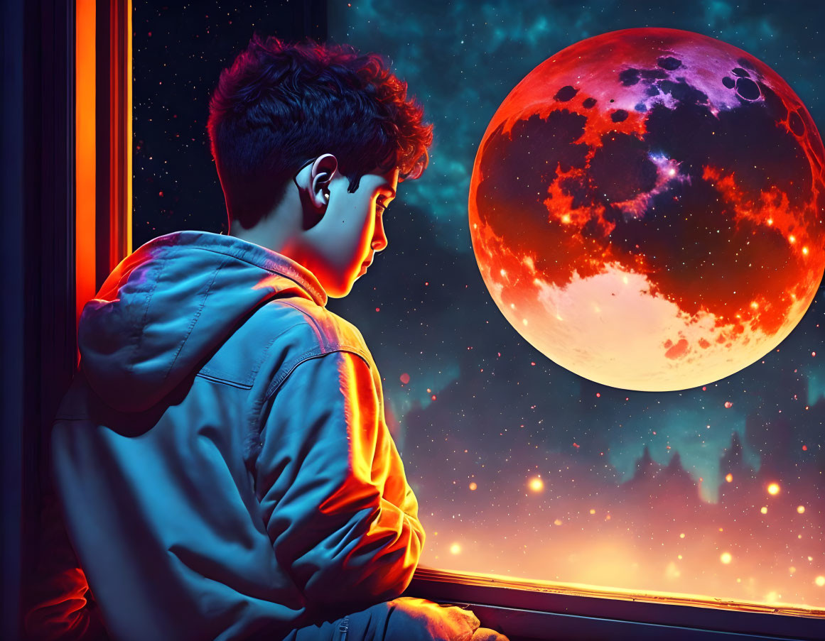 Person looking at surreal red moon through window at night