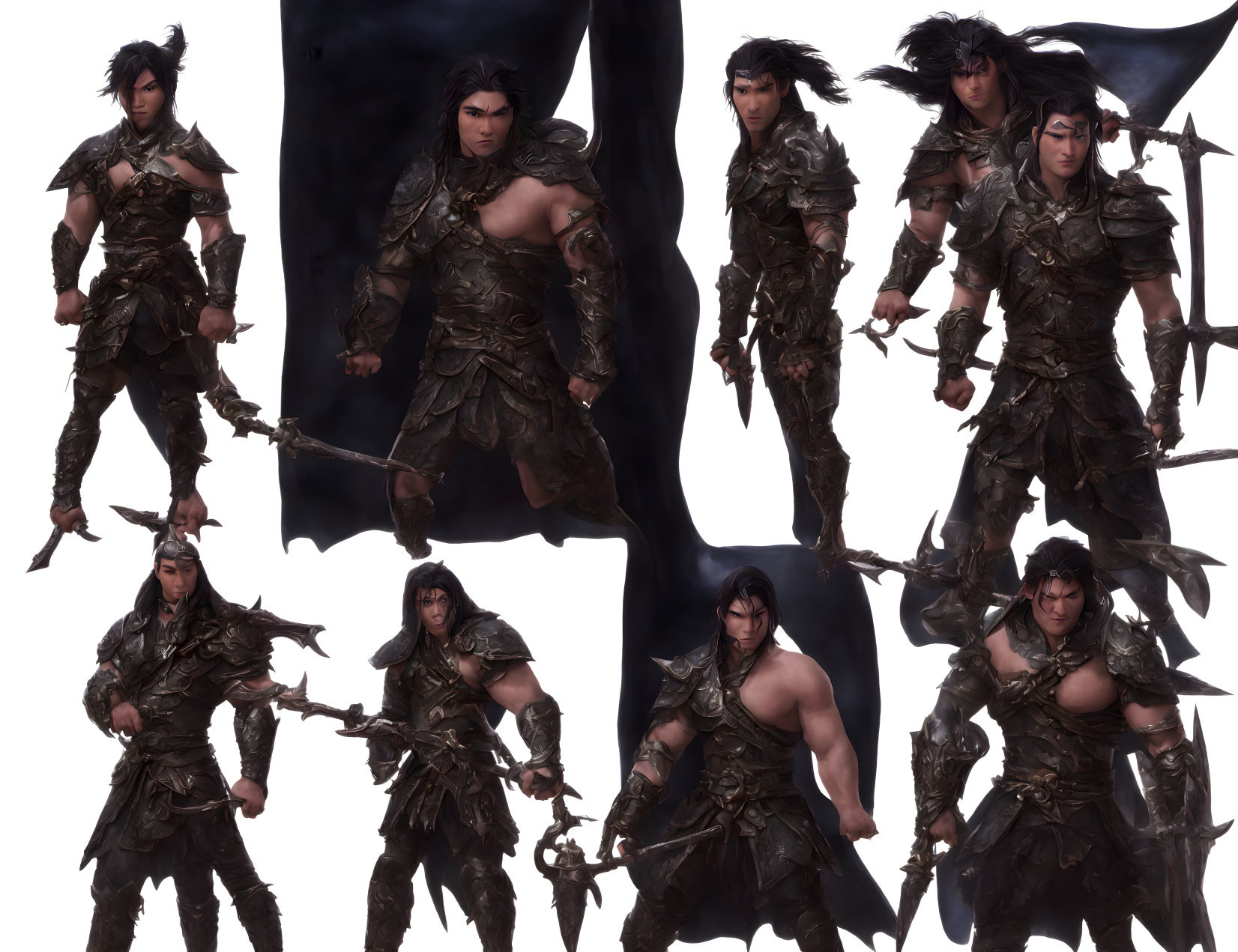 Male character in dark fantasy armor: Eight poses with long hair, various angles.