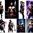 Male character in dark fantasy armor: Eight poses with long hair, various angles.