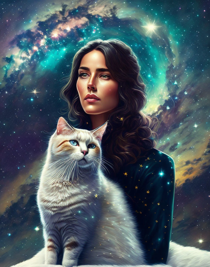 Digital Art: Woman with Wavy Hair and Cat in Cosmic Setting