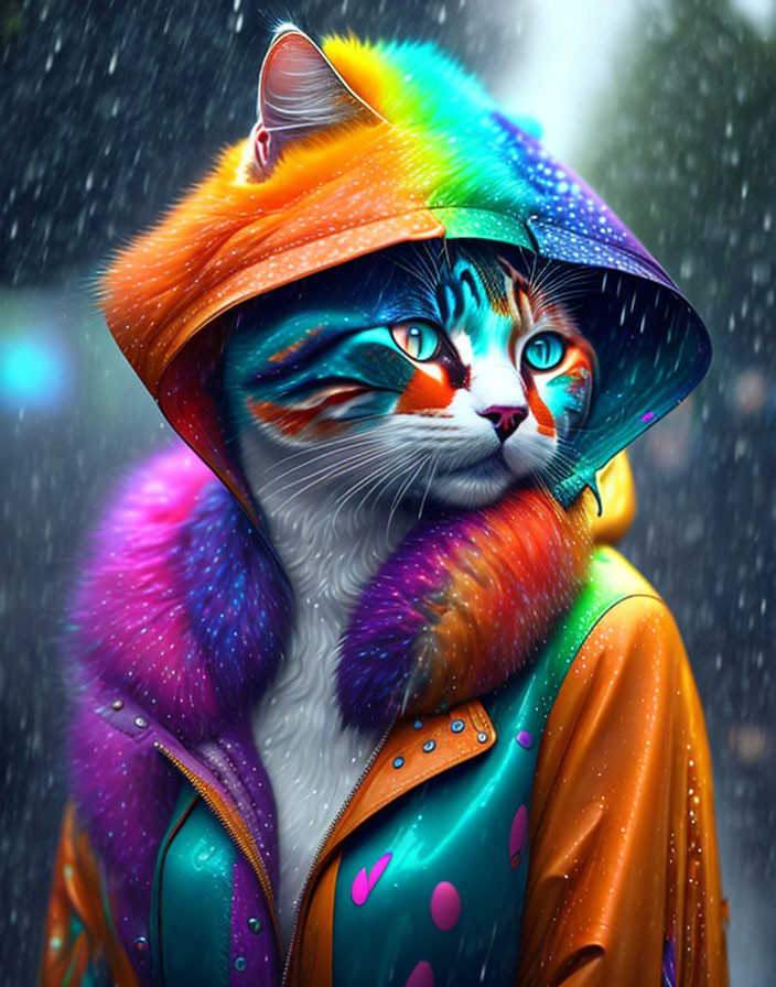 Colorful Cat in Rainbow Jacket Under Snowflakes