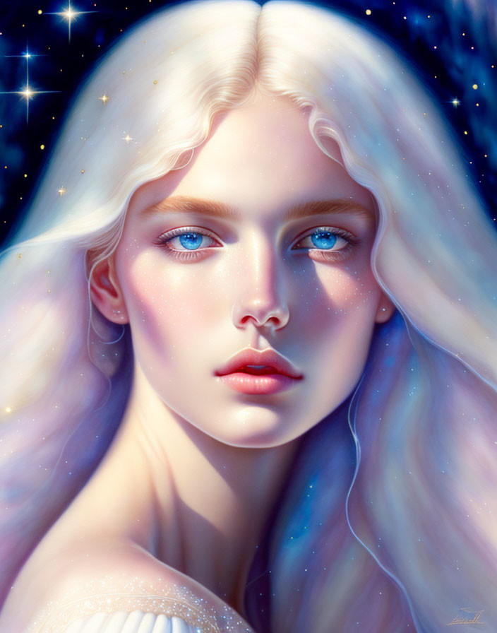 Fantasy-themed portrait of ethereal woman with white hair and celestial background