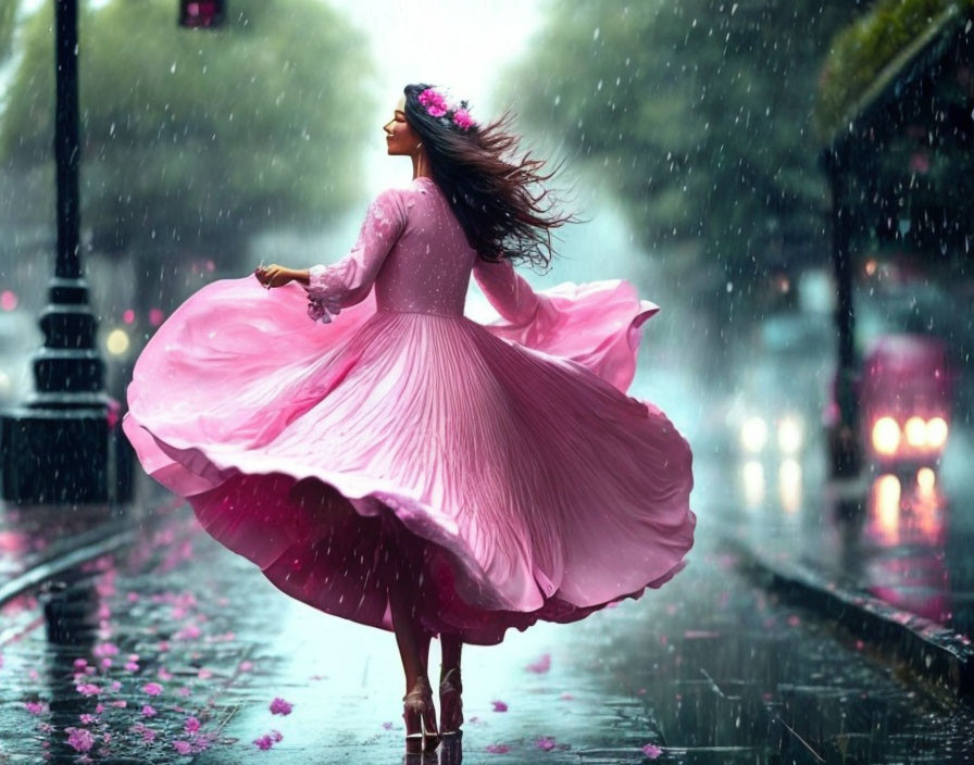 Woman in Pink Dress Twirling on Wet Street with Fallen Petals