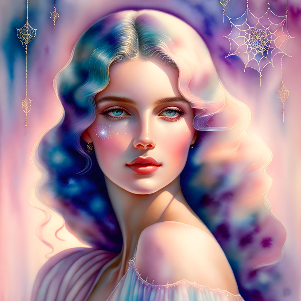 Portrait of woman with blue ombre hair and sparkling skin against pink and purple backdrop