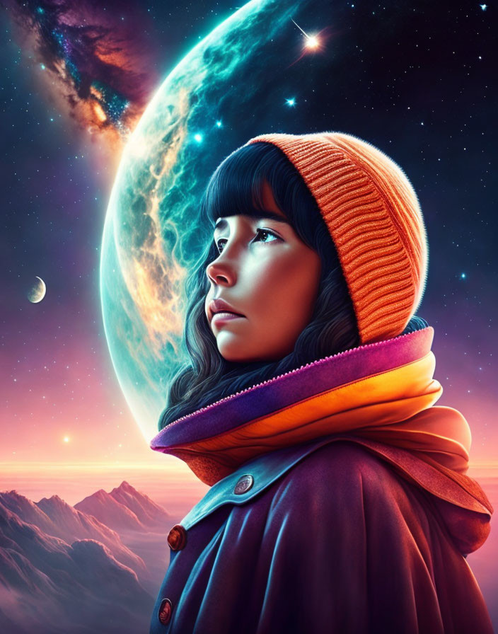 Profile portrait of woman with vivid moon, stars, and mountains at twilight