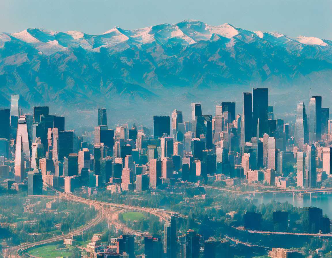 City skyline with skyscrapers and snow-covered mountains against clear sky