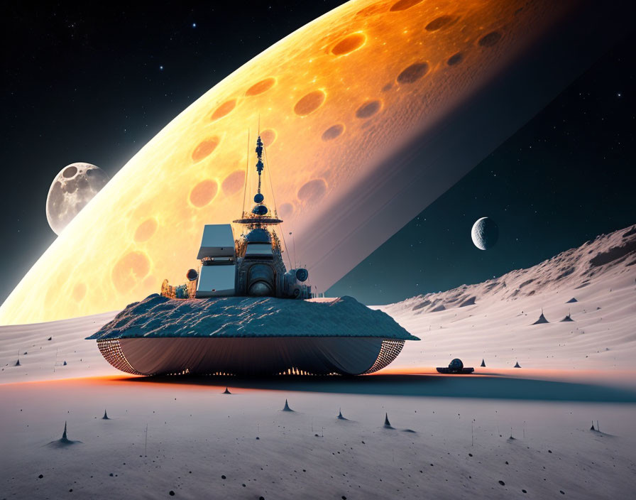 Futuristic spaceship on barren alien landscape with giant planet and moons