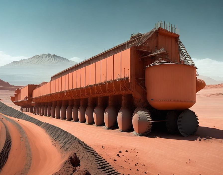 Futuristic orange mining vehicle in desert landscape