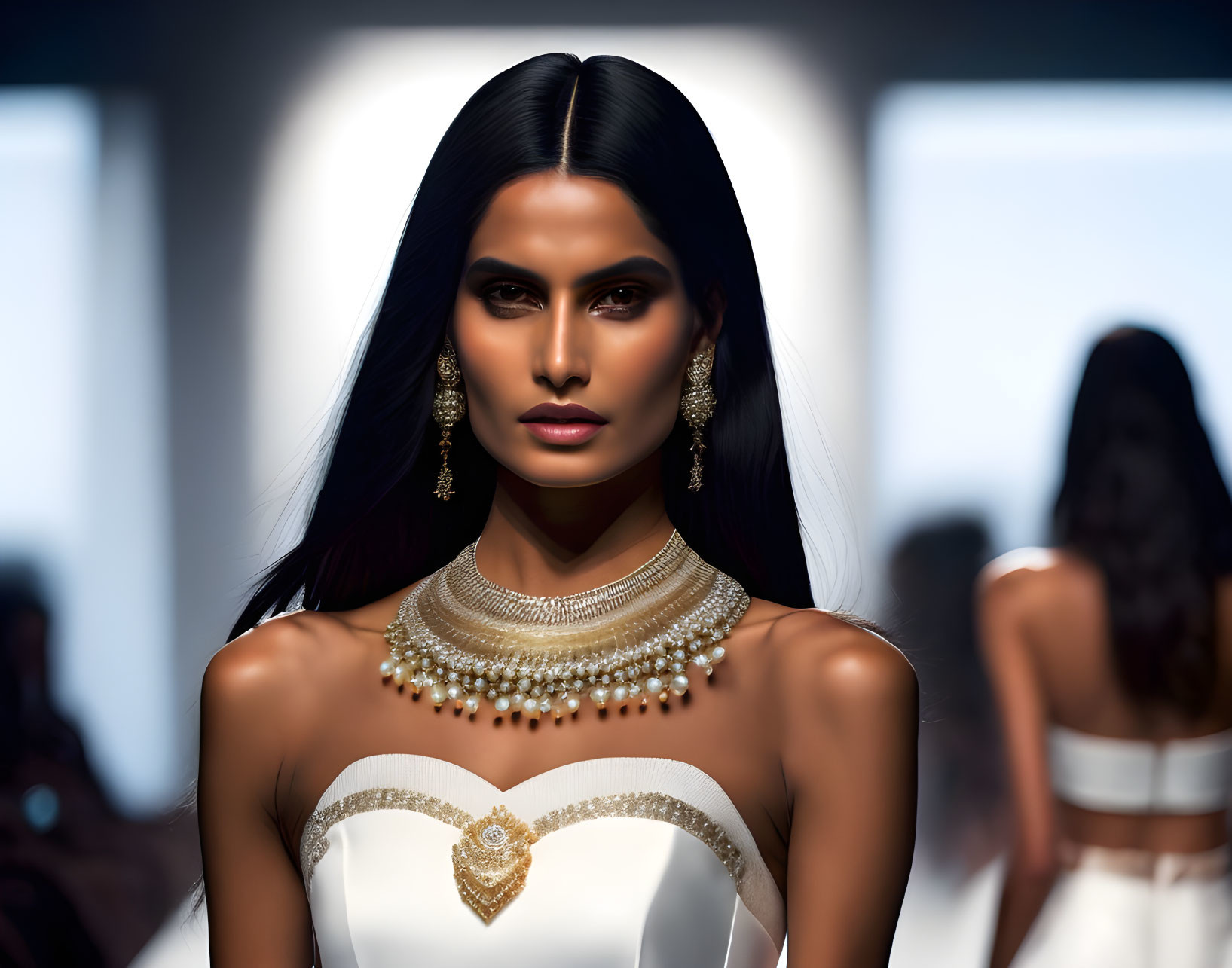 Fashion model showcasing sleek hair, striking makeup, and layered necklaces