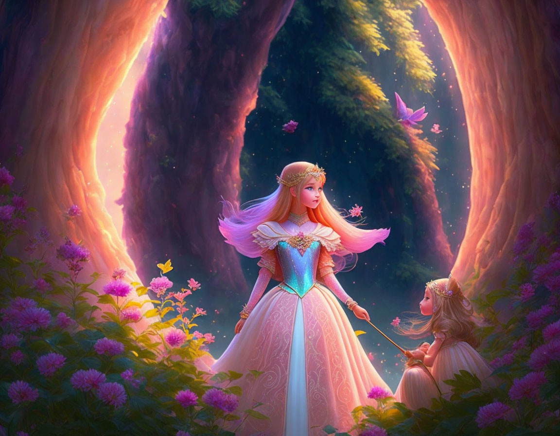 Radiant queen with pink hair bestows magic in enchanted forest