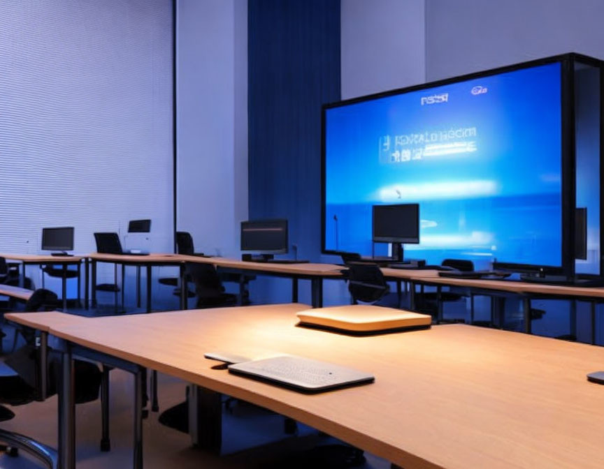 Spacious conference room with presentation screen, computers, and notebook.