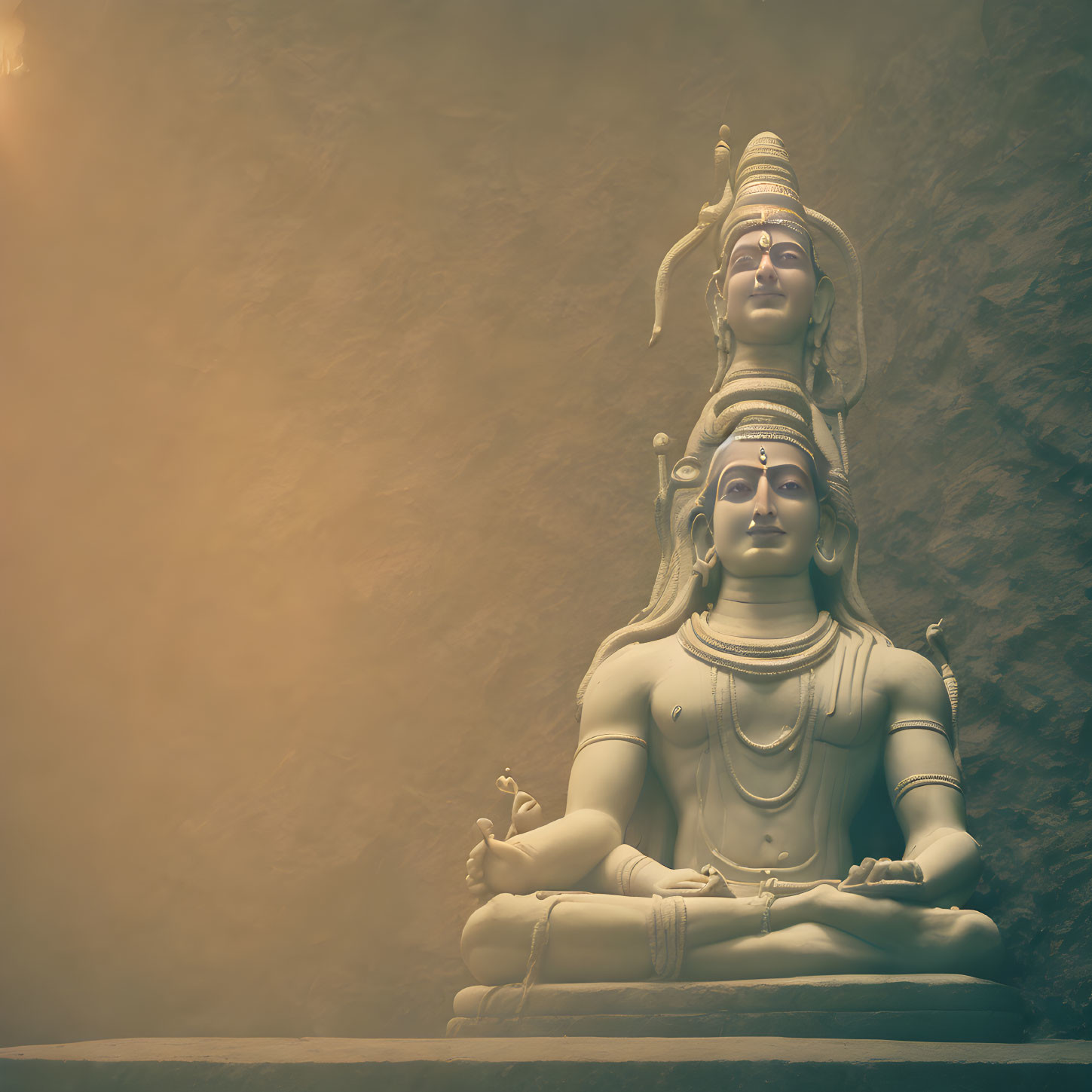 Two Hindu deity statues in meditation on textured backdrop