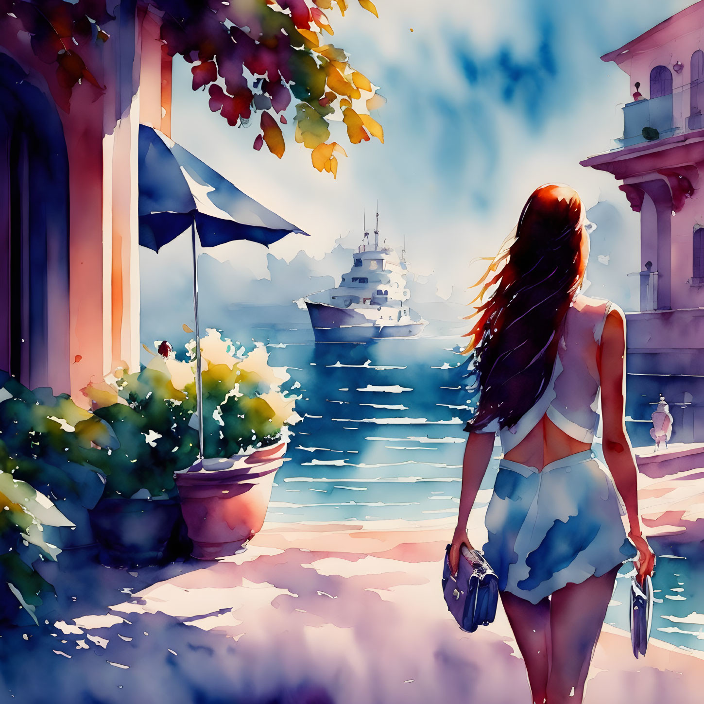 Woman in summer attire walking towards sunny harbor with yachts in vibrant watercolor scenery.