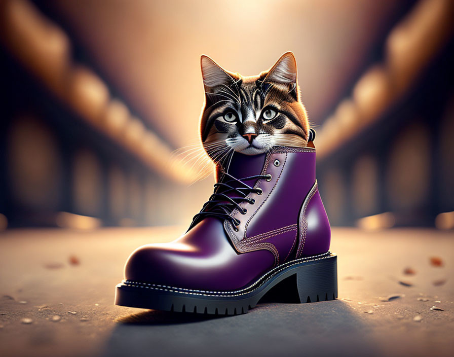 Detailed Photorealistic Cat Illustration Peeking from Purple Boot