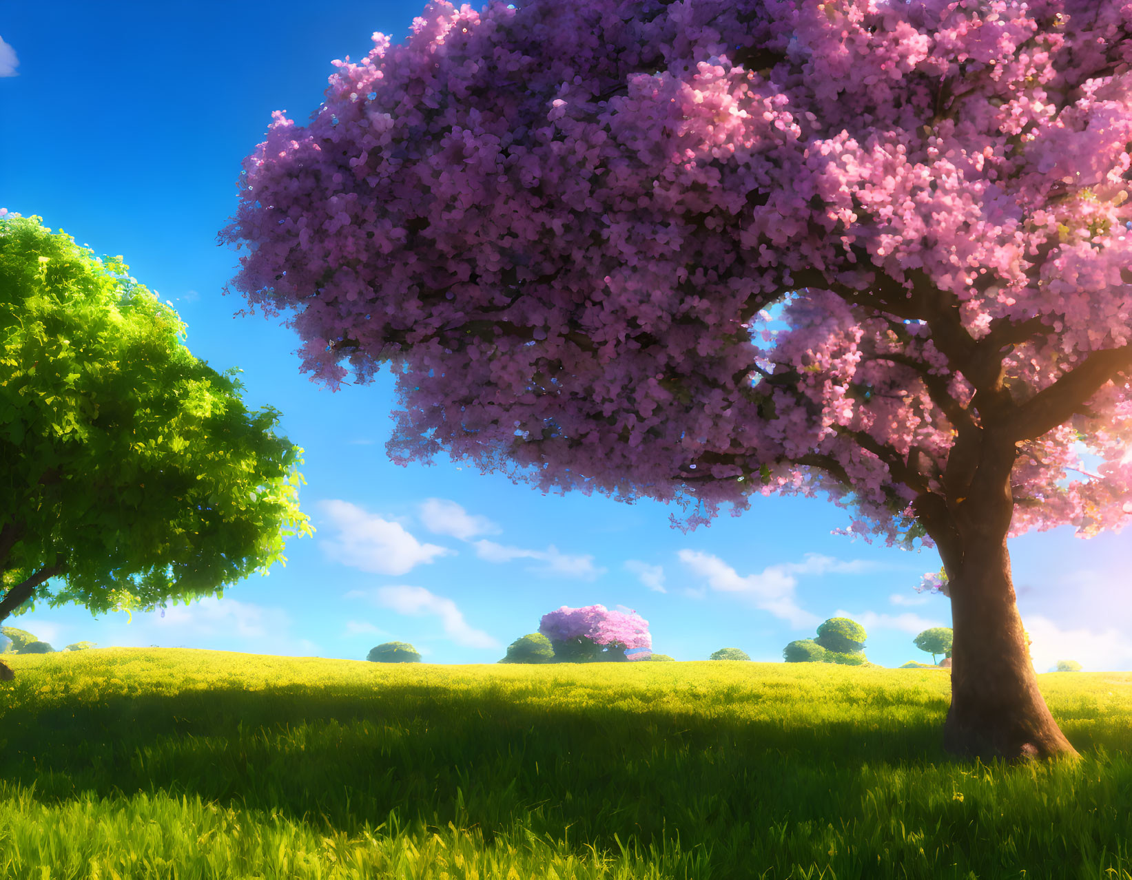 Lush green meadow with cherry blossom tree in full bloom