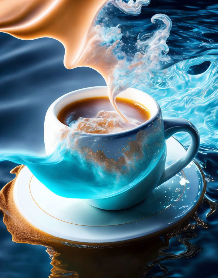 Creamy coffee splash transforms into blue wave: a contrast of hot and cool liquids.