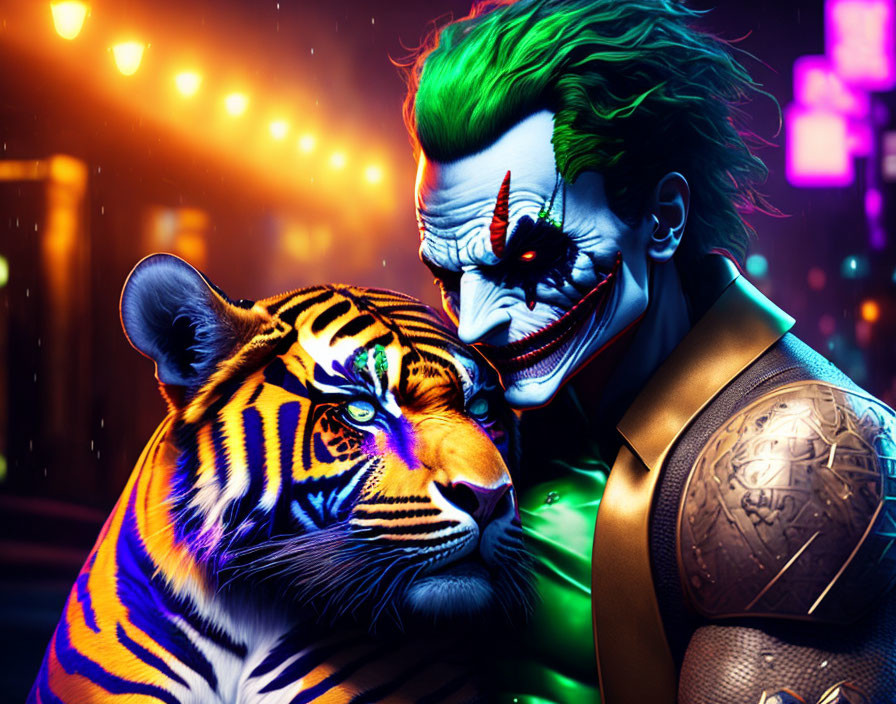 Colorful artwork: Joker makeup person with stylized tiger in neon cityscape.