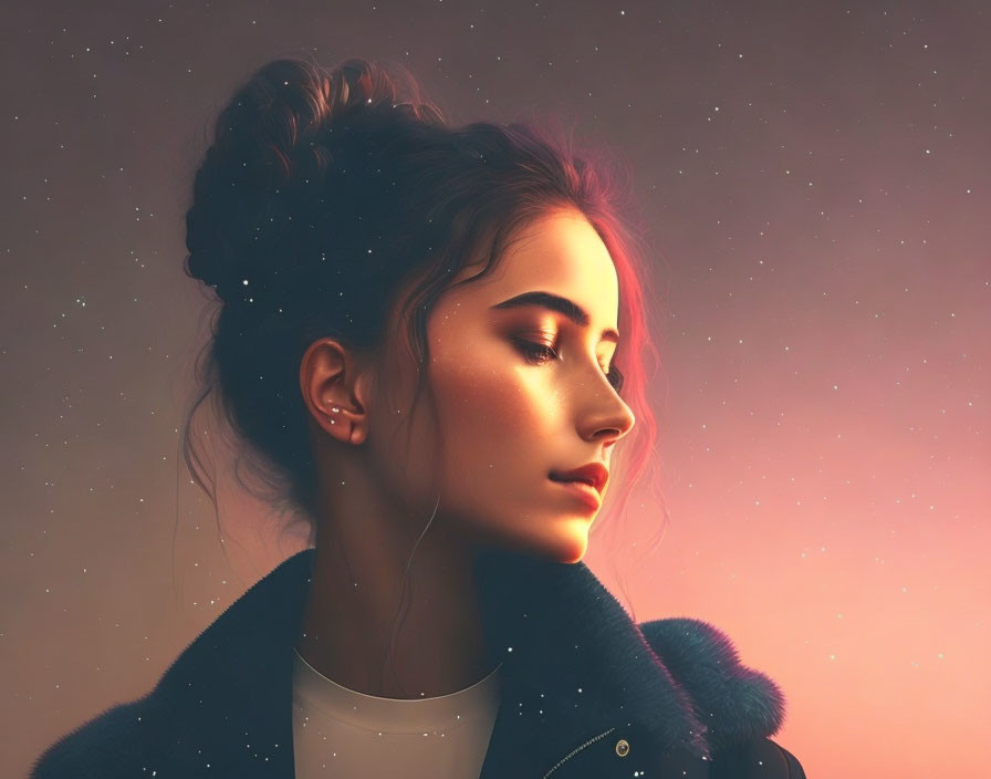 Young woman with bun in warm glow under starry dusk sky