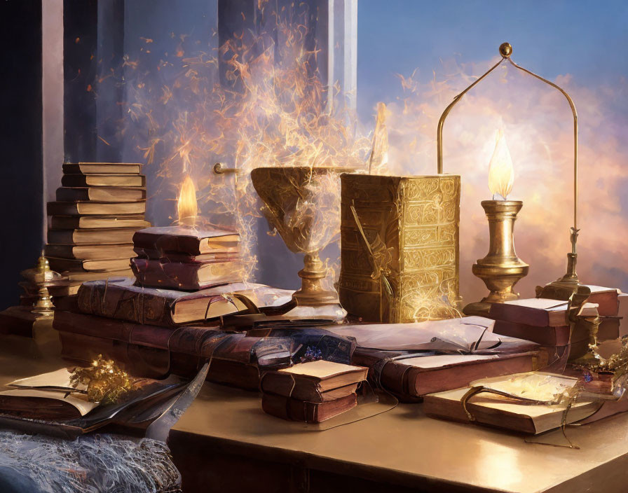 Enchanting still life with books, illuminated manuscript, chalice, and golden sparks