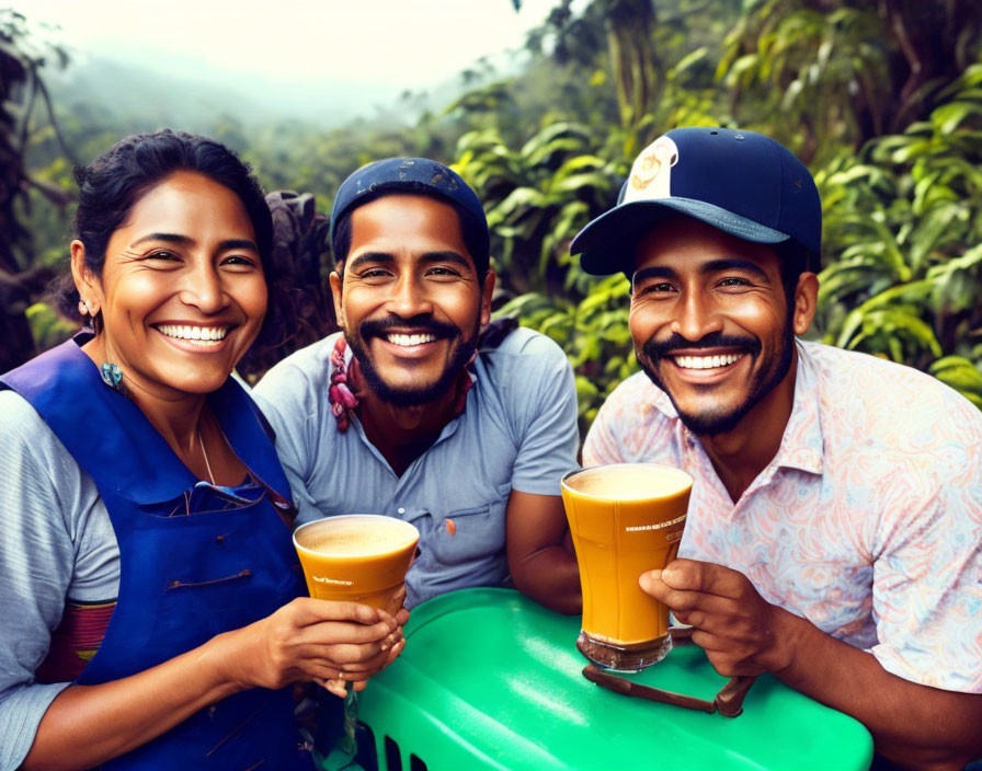 Outdoor scene with three smiling people and beer glasses amid lush greenery