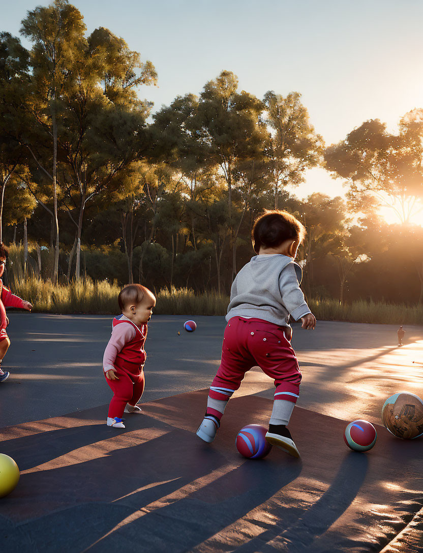 Young children playing with colorful balls at sunset on outdoor court with trees.