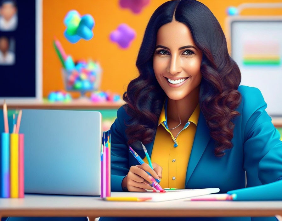 Woman writing at desk surrounded by colorful stationery