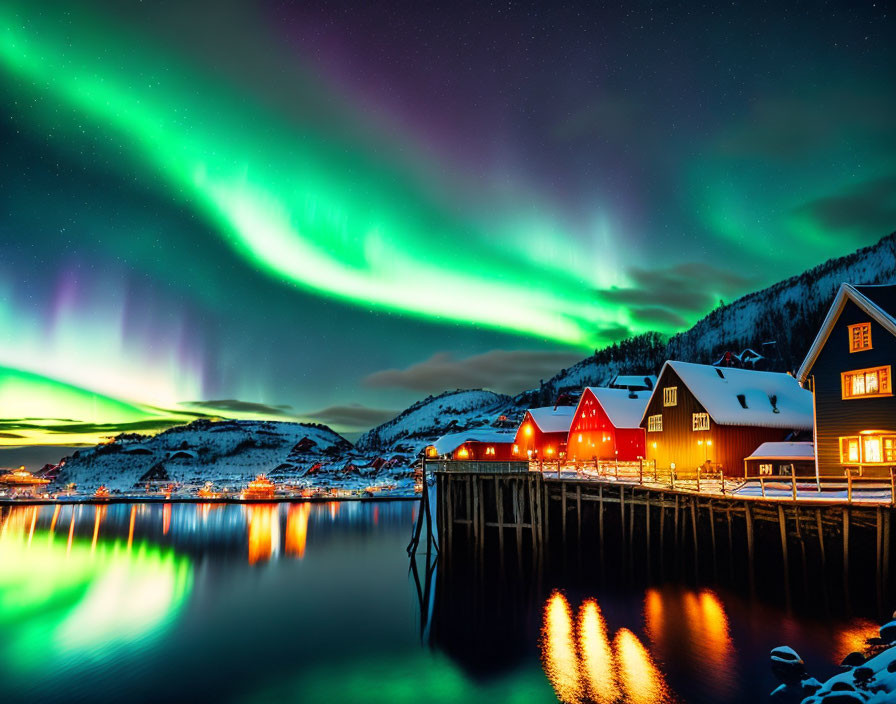 Northern Lights illuminate snow-covered houses by waterfront at night