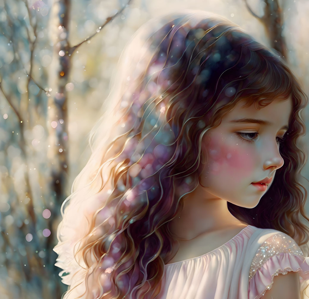 Curly-Haired Girl Lost in Thought in Dreamlike Forest