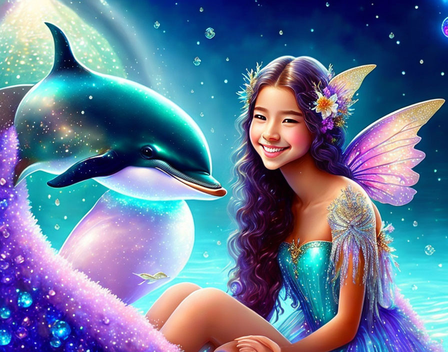 Illustration of smiling girl with fairy wings and dolphin in vibrant underwater scene