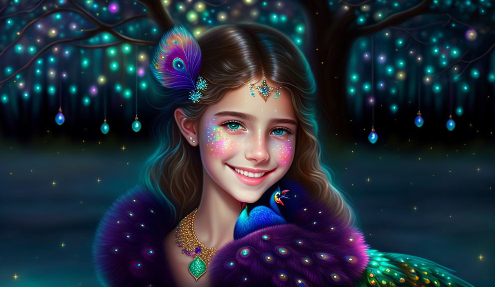 Smiling girl with peacock makeup and jewelry in mystical forest