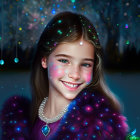 Smiling girl with peacock makeup and jewelry in mystical forest