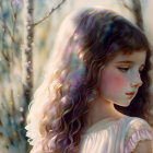 Curly-Haired Girl Lost in Thought in Dreamlike Forest