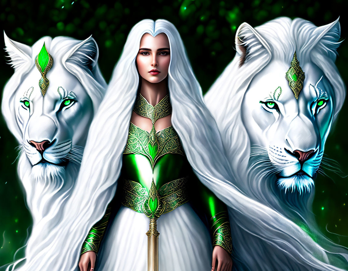 White-Haired Woman with Lions in Mystical Setting