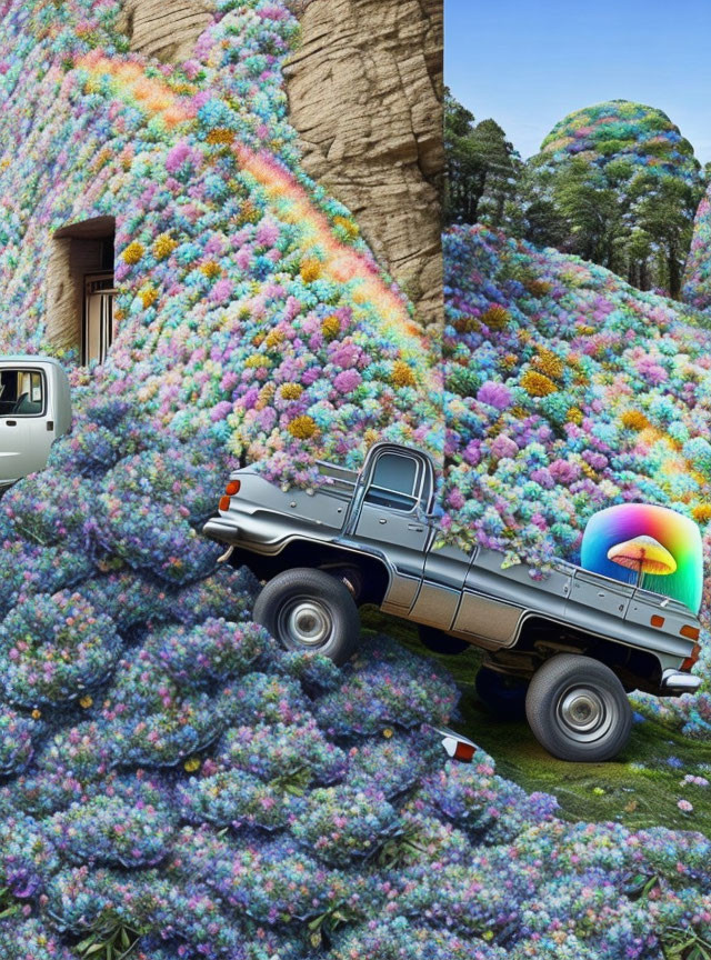 Colorful Flower-Covered Hills with Vintage Truck and Rainbow Orb