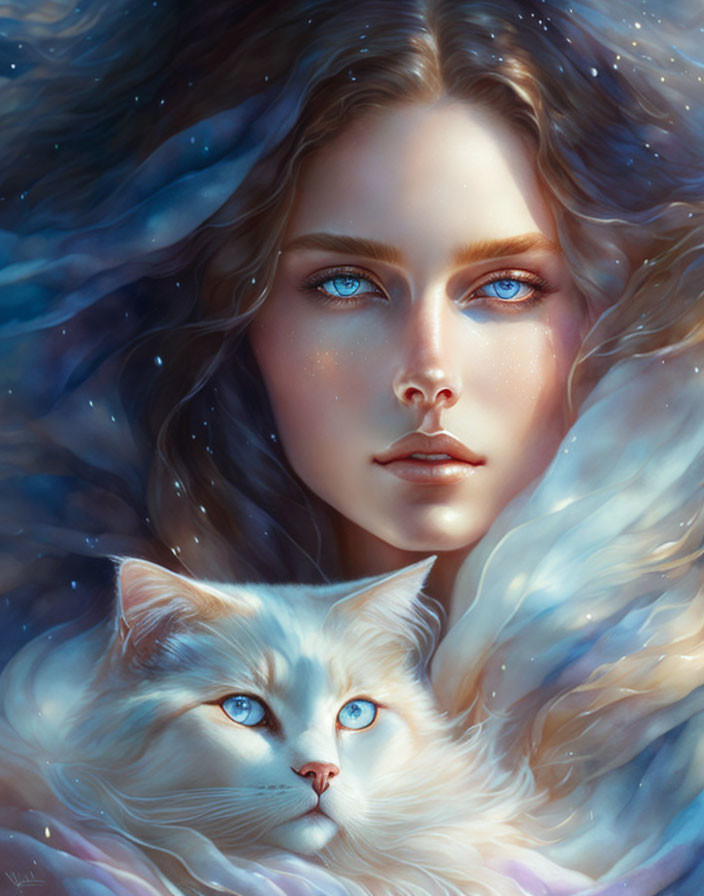 Digital painting of woman with blue eyes and white cat in cosmic setting