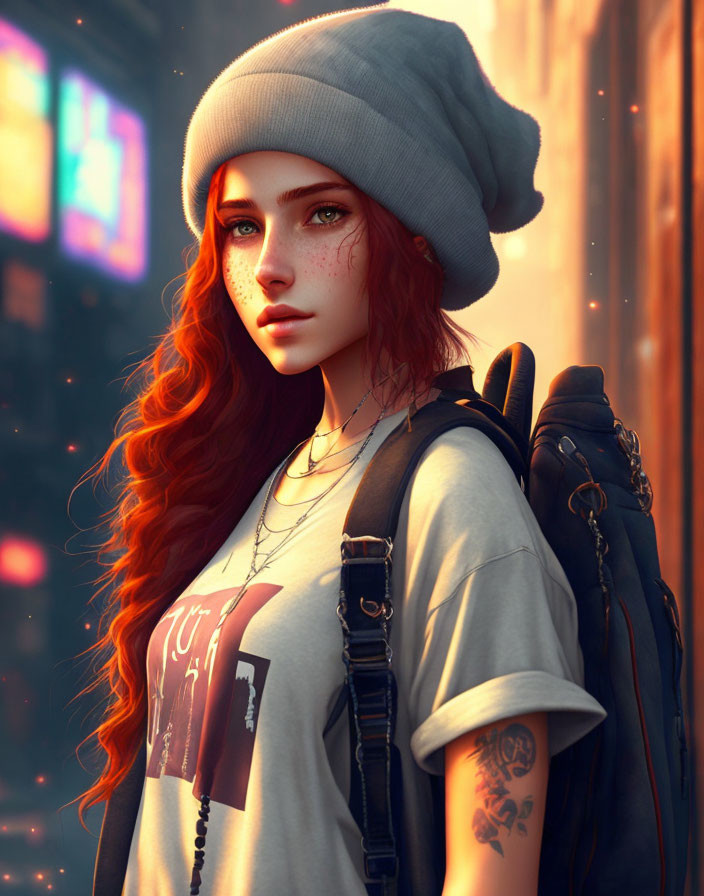 Red-haired young woman in beanie and backpack digital artwork