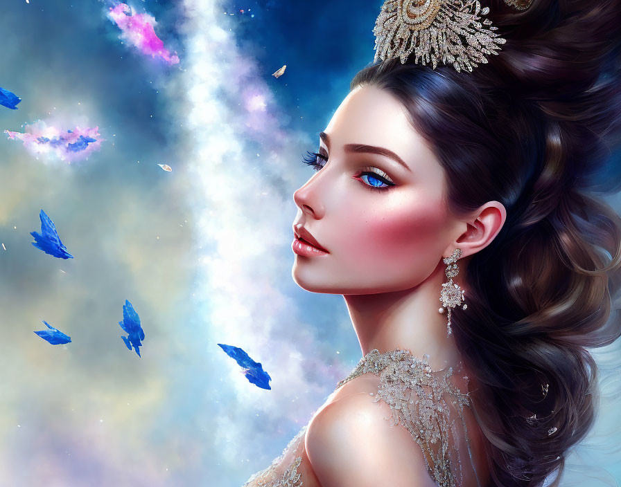 Digital Artwork: Woman with Intricate Jewelry in Cosmic Setting