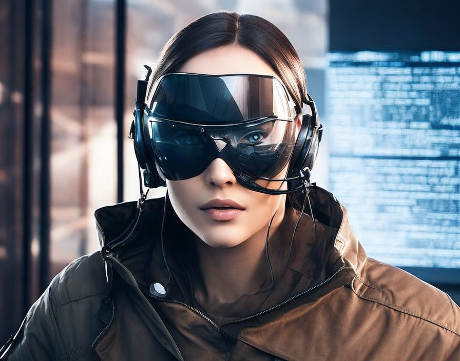 Futuristic person in high-collar jacket with goggles and headphones surrounded by digital screens