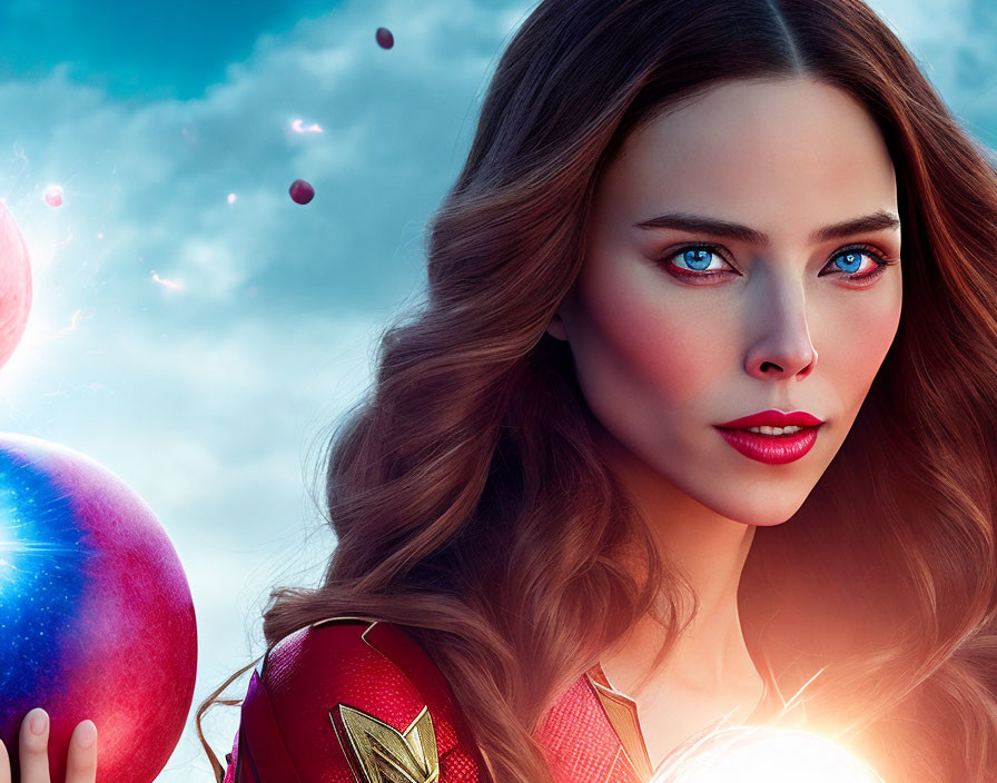 Woman in superhero costume with star emblem, blue eyes, red lipstick, mystical aura, floating orbs.